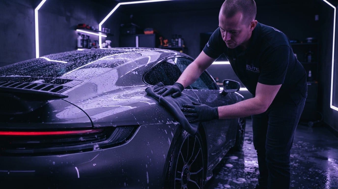 A detailer wiping down the rear quarter of a dark sports car in a lit workshop